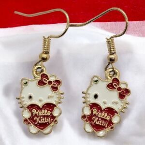 Hello Kitty Red Heart Dangle Earrings Gold-Tone Enamel Pierced Ears Cat Jewelry